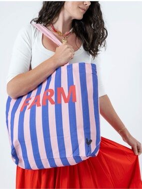 Meanwhile back on the farm Blue & Pink Striped FARM Tote 16” x 19 1/2”x 5 1/2”